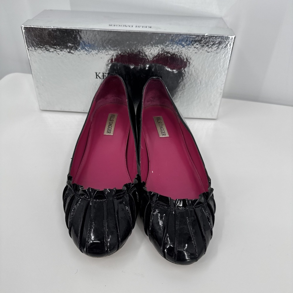 Kelsi Dagger Black Gathered Leather Ballet‎ Flats, Women's Size 7.5 Round Toe
